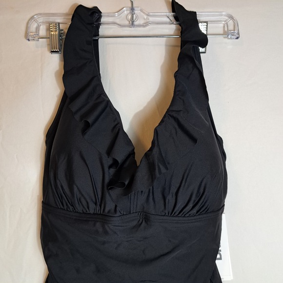 DKNY Ruffled Plunge V-Neck One Piece Women's Size Large  Black NEW $79.99 - Picture 5 of 11